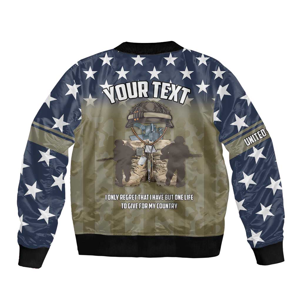 Blue bomber jacket with star sleeves, camo center, Your Text graphic, motto text