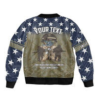 Blue bomber jacket with star sleeves, camo center, Your Text graphic, motto text