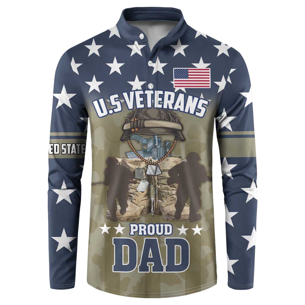 Navy button sweatshirt with U.S. Veterans, Proud Dad graphic and stars
