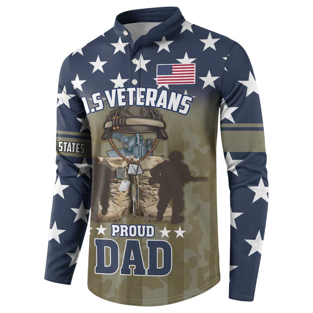 Navy button sweatshirt with U.S. Veterans and Proud Dad front print, star pattern