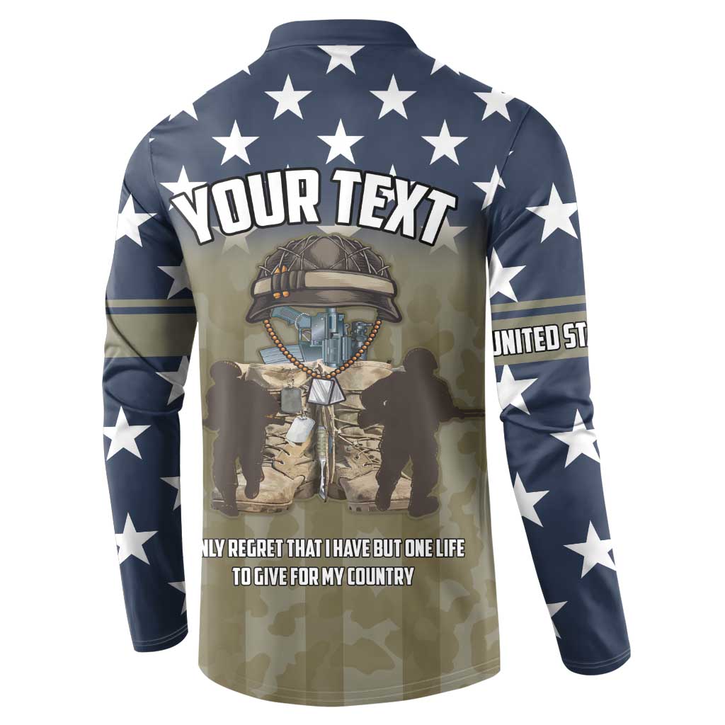 Navy button sweatshirt with custom text, U.S. Veterans soldier graphic and stars