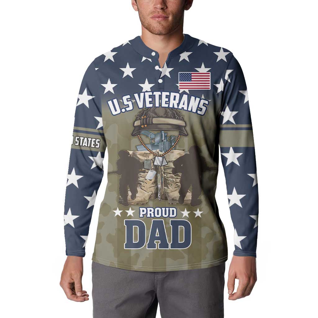 Navy button sweatshirt worn by man with U.S. Veterans and Proud Dad front graphic