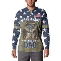 Navy button sweatshirt worn by man with U.S. Veterans and Proud Dad front graphic
