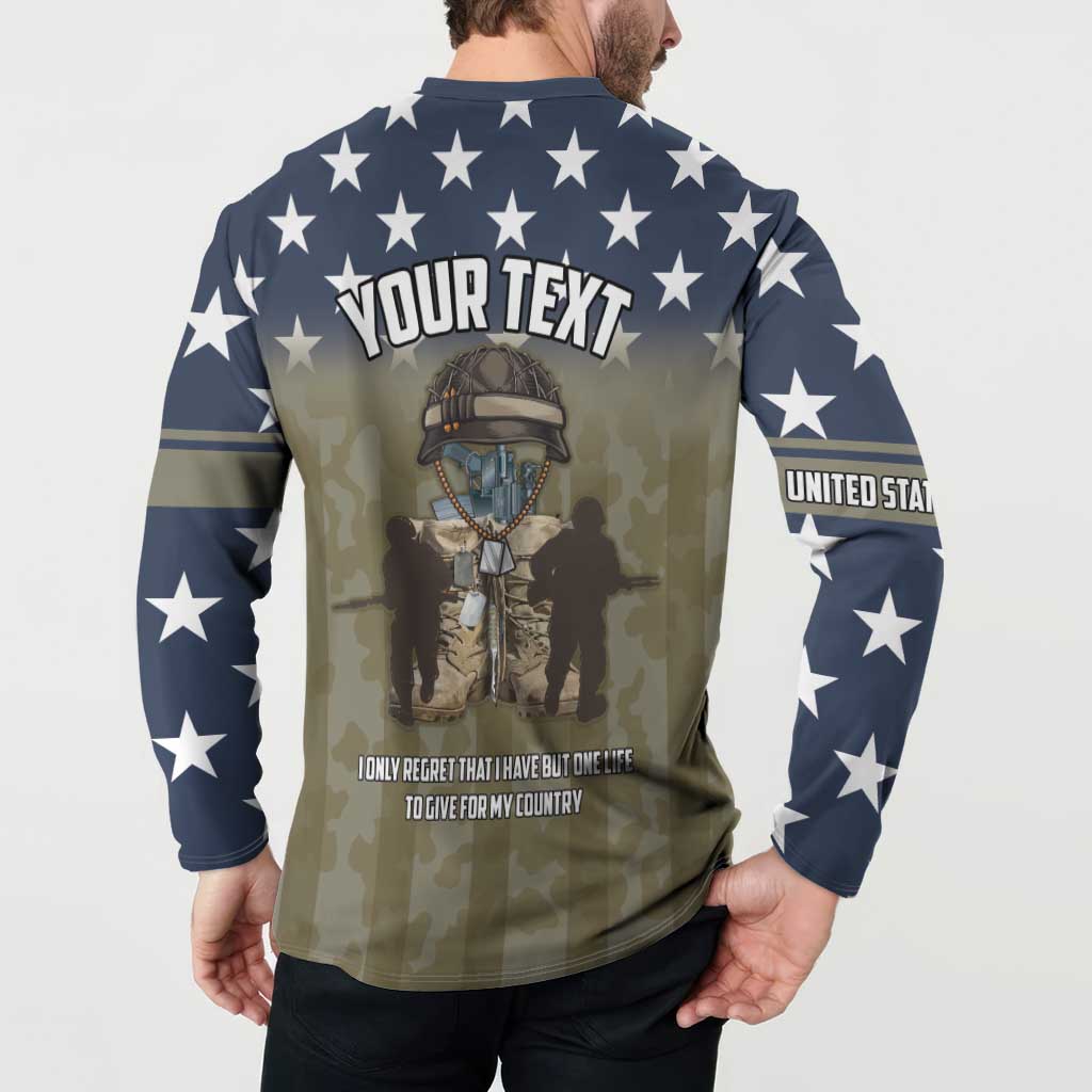 Navy button sweatshirt back view with custom text and soldier graphic, star pattern