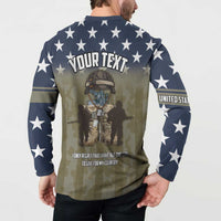 Navy button sweatshirt back view with custom text and soldier graphic, star pattern