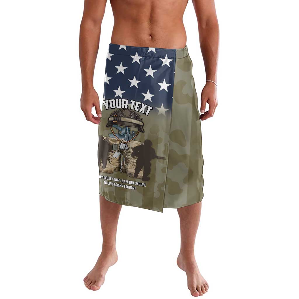 Camouflage lavalava wrap skirt with navy star panel and military dad graphic
