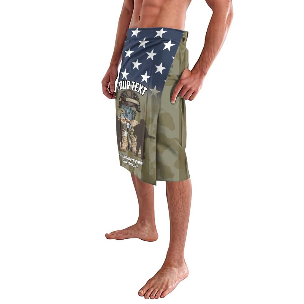 Camouflage lavalava wrap skirt with navy star top panel and soldier print