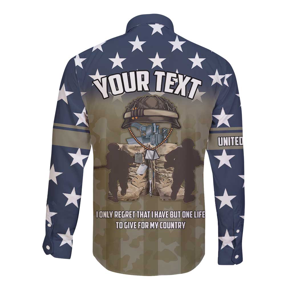 Blue long-sleeve button shirt with stars, Your Text and soldier quote on back