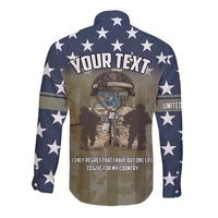 Blue long-sleeve button shirt with stars, Your Text and soldier quote on back