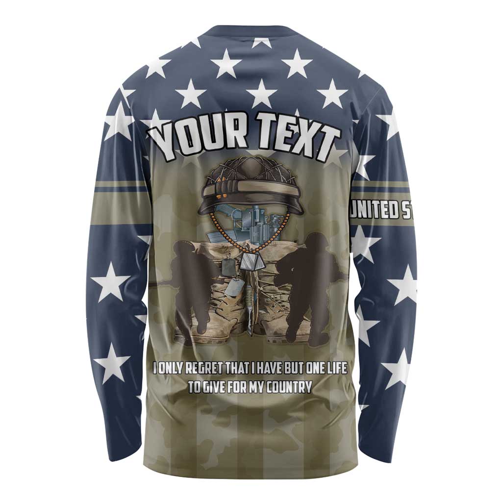 Unisex long sleeve veterans shirt, blue star sleeves with YOUR TEXT and U.S. VETERANS graphic