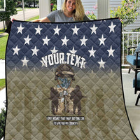 Personalized U.S. Veterans quilt with navy star border, tan diamond quilt, soldier graphic, “YOUR TEXT”