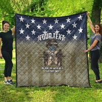 Personalized U.S. Veterans quilt with navy stars, tan pattern, soldier graphic, “YOUR TEXT”
