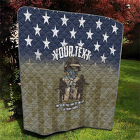 Personalized U.S. Veterans quilt with navy stars, tan diamond quilting, soldier graphic, “YOUR TEXT”