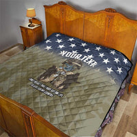 Personalized U.S. Veterans quilt on bed with navy stars, tan diamonds, soldier graphic, “YOUR TEXT”
