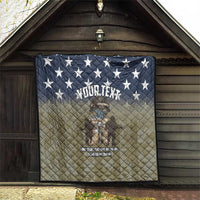 Personalized U.S. Veterans quilt featuring navy stars, tan diamond backing, soldier graphic, “YOUR TEXT”