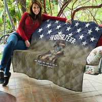 Personalized U.S. Veterans quilt with navy star top, tan diamond quilt, soldier graphic, “YOUR TEXT”