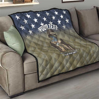 Personalized U.S. Veterans quilt on couch with navy stars, tan diamonds, soldier graphic, “YOUR TEXT”