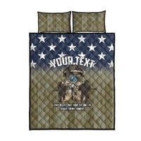 Personalized veterans quilt bed set with blue star top and tan quilt panels, two pillows