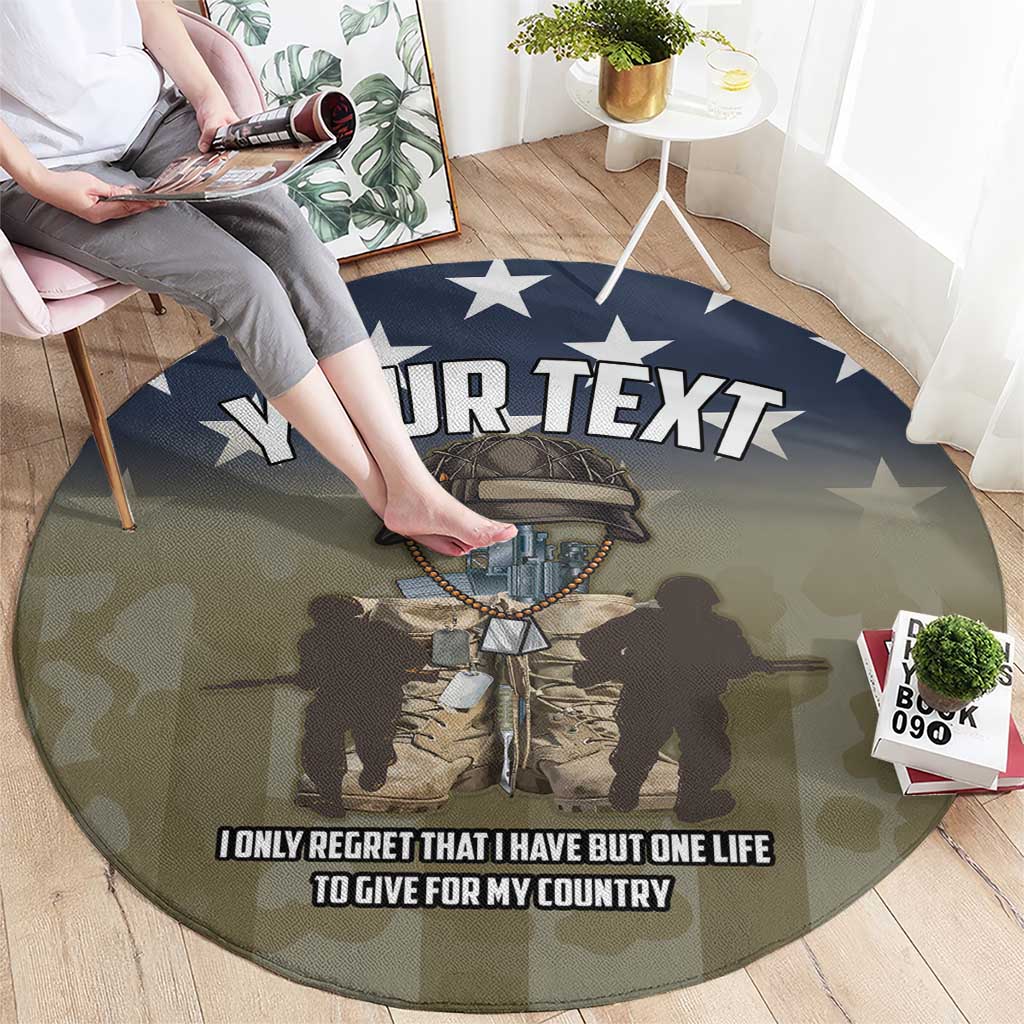 Round military-style carpet with central soldier graphic, blue star accents, and “YOUR TEXT”