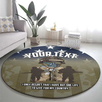Round military-style carpet featuring soldier emblem, blue star border, and “ONLY REGRET” motto