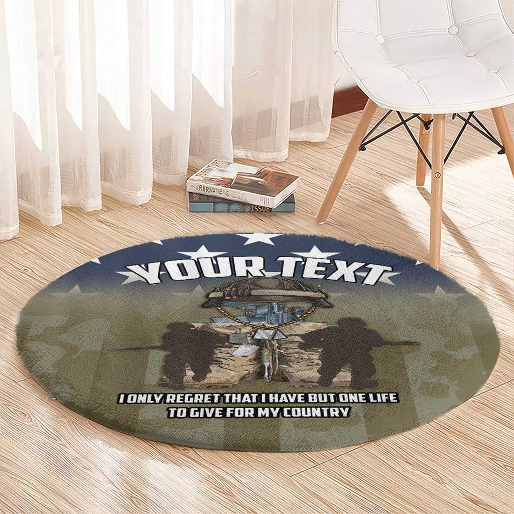 Round military-style carpet with soldier graphic, blue stars, and “YOUR TEXT” on dark olive