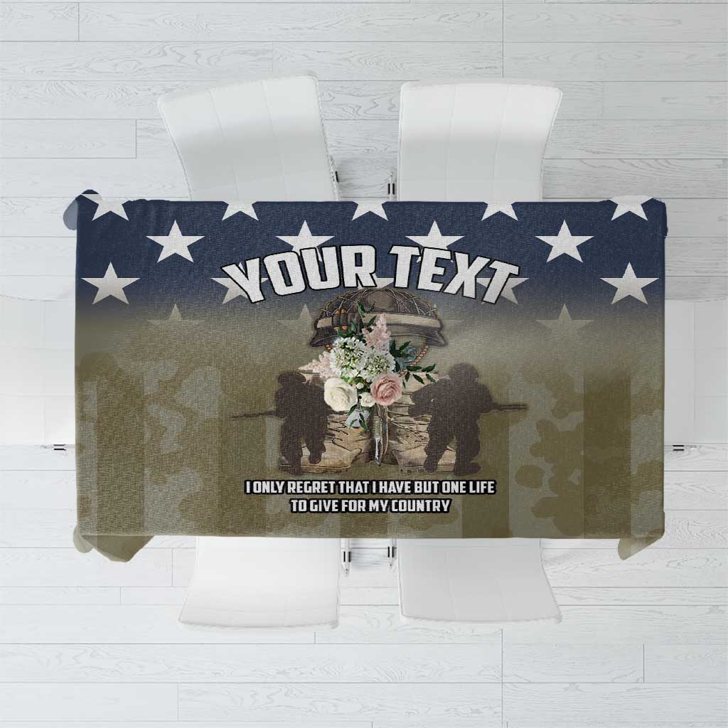 Personalized Veterans Day tablecloth, navy star border and central soldier graphic panel