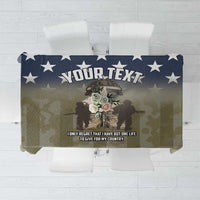 Personalized Veterans Day tablecloth, navy star border and central soldier graphic panel