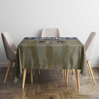 Veterans Day tablecloth, olive camo with navy graphic panel across the center