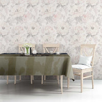 Personalized Veterans Day tablecloth, olive camo with navy star band on table