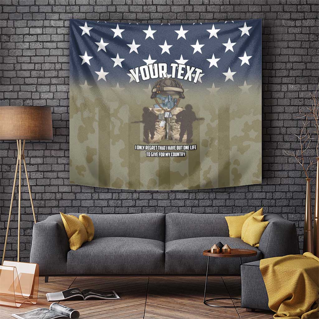 Patriotic wall tapestry with star border, camouflage design, and soldier emblem centered