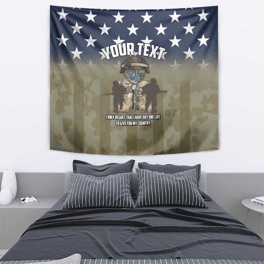 Veterans-themed tapestry with navy stars, camo scene, and soldier trophy graphic