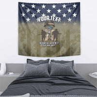 Veterans-themed tapestry with navy stars, camo scene, and soldier trophy graphic