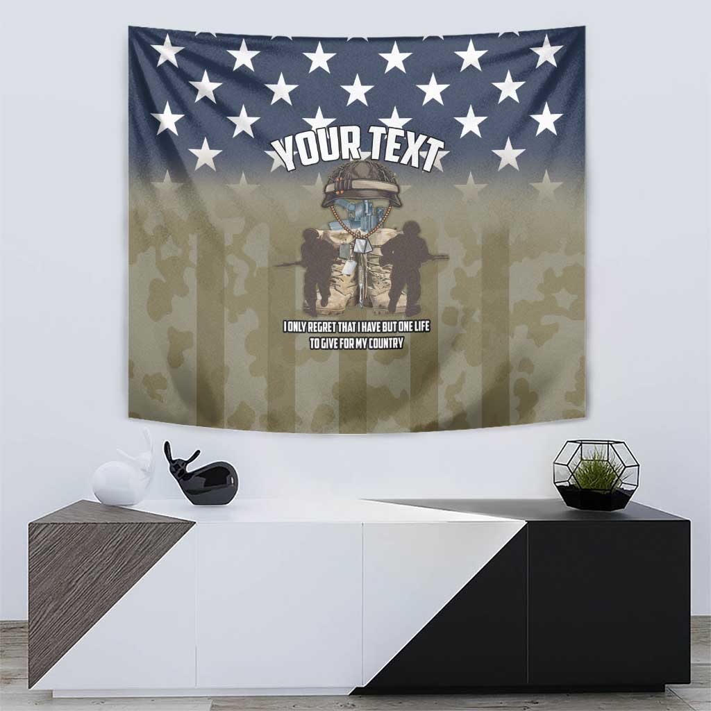 Navy star and camouflage tapestry with soldier graphic and customizable YOUR TEXT