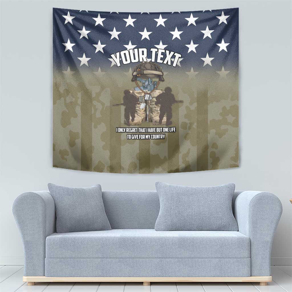 Blue and camo patriotic wall tapestry with soldier graphic and star border