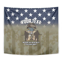 Close view of navy star and camouflage tapestry with soldier graphic and YOUR TEXT