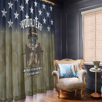 Blue camo Veterans window curtain with star header and soldier graphic