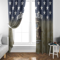 Blue camo Veterans window curtain with stars across the top and soldier graphic