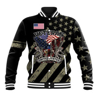 Black baseball jacket with striped collar and Veteran eagle USA flag star print