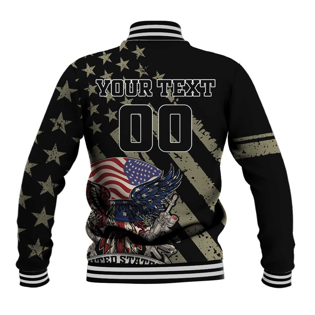 Black baseball jacket back graphic with YOUR TEXT and 00, stars and USA eagle