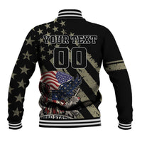 Black baseball jacket back graphic with YOUR TEXT and 00, stars and USA eagle