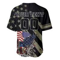 Black baseball jersey with star pattern, eagle-and-guns graphic, USA flag accents, rear text.