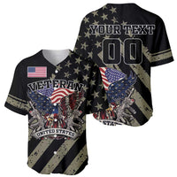 Black baseball jersey, front and back view: veteran eagle-and-guns, USA flags, button placket.