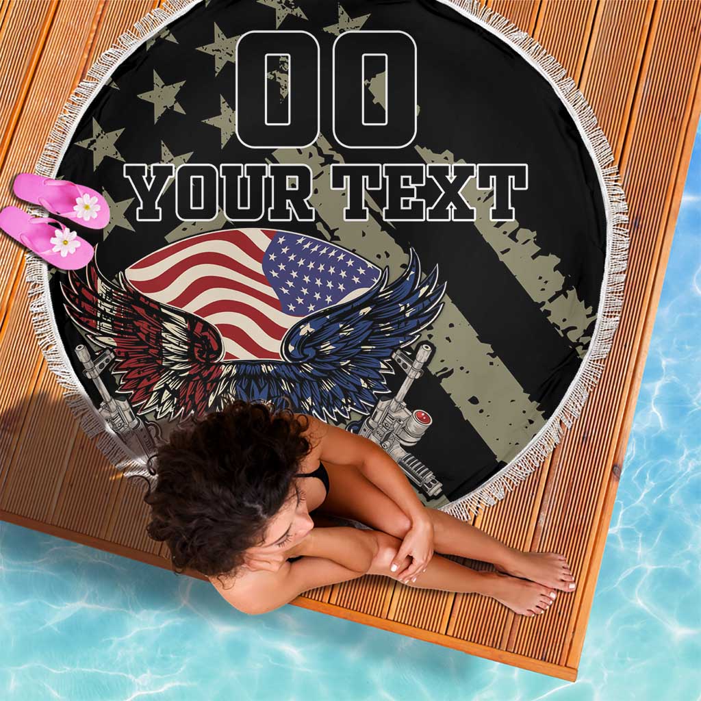 Black round beach blanket with fringe edge, eagle and US flag, 'YOUR TEXT' center with flowers