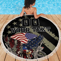Black round beach blanket with fringe edge, eagle and US flag graphic, 'YOUR TEXT' lettering