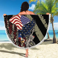 Black round beach blanket with fringe edge, eagle and US flag graphic