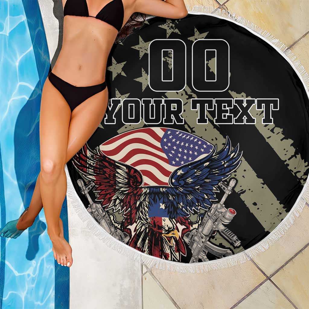 Black round beach blanket with fringe edge, eagle and US flag graphic with stars