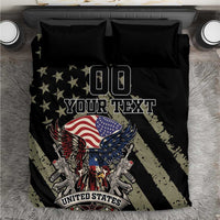 Black duvet cover with eagle, stars, US flag graphic, '00 YOUR TEXT' and 'UNITED STATES' print.