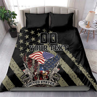 Black duvet set with eagle, stars, and US flag artwork; '00' and 'YOUR TEXT' centered.