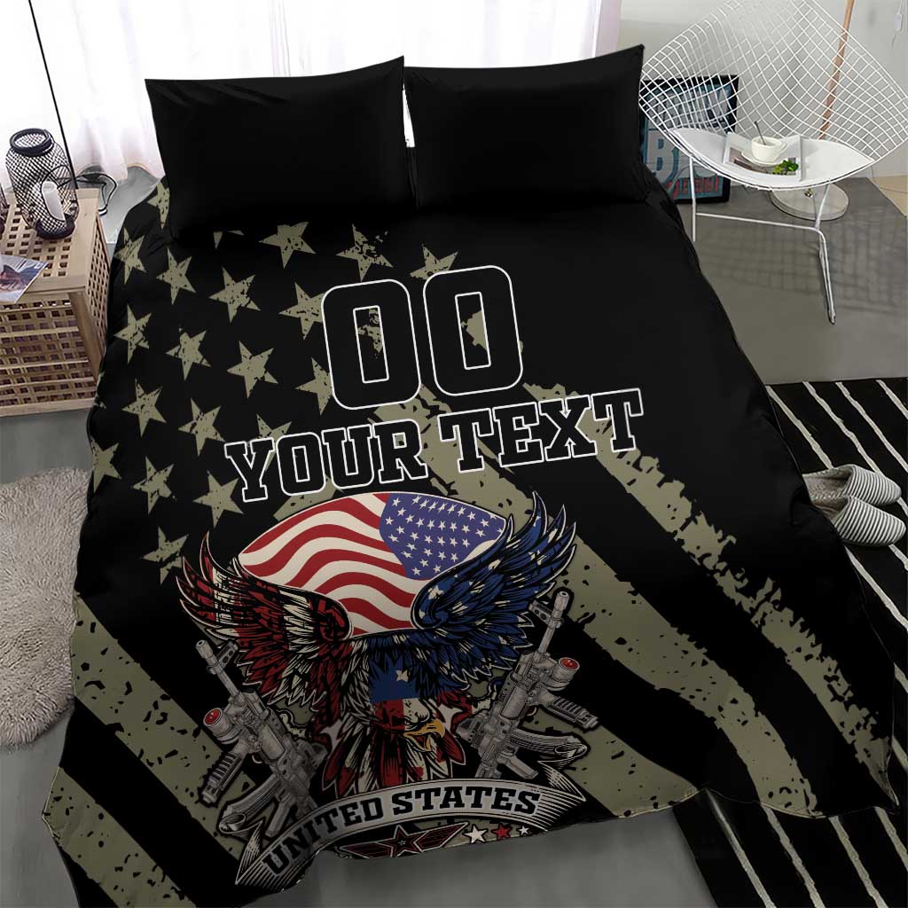 Black bedding set with eagle and US flag artwork; bold '00' and 'YOUR TEXT' design.