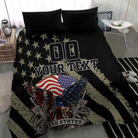 Black bedding set with eagle and US flag artwork; bold '00' and 'YOUR TEXT' design.